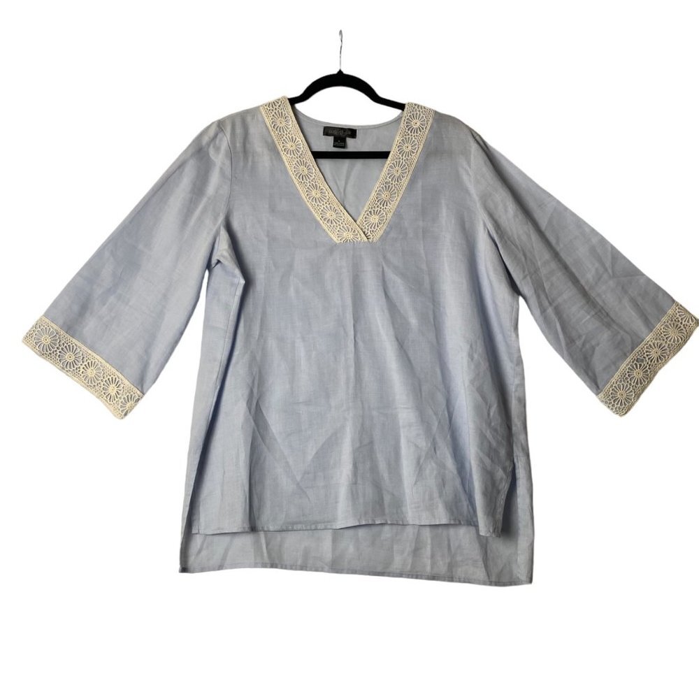 August Silk Women Large 100% Linen Blue Boho V-Neck High Low Tunic Top Shirt